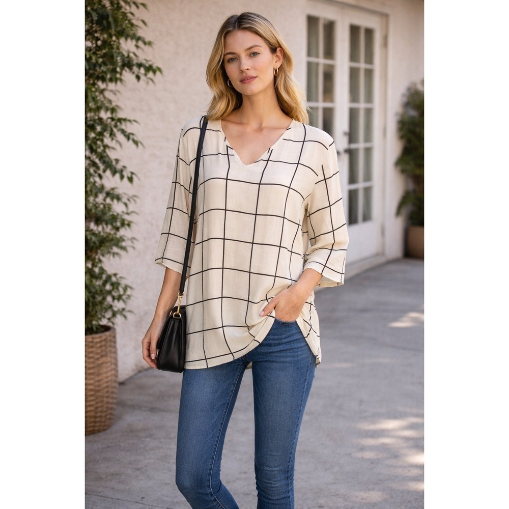 Reformation Tunic XS White Checked Grid Tunic‎ Minimalist Smart Pop Over USA